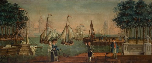 Schilderij met een voorstelling met schepen bij land